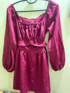 Maroon Puff Sleeve Square Neck Dress