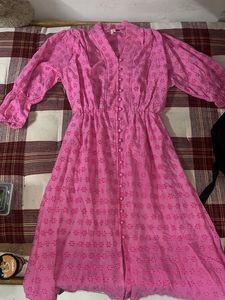 Vibrant Pink Printed Button-Up Midi Dress