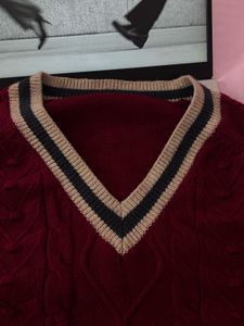 Burgundy Cable Knit V-Neck Sweater
