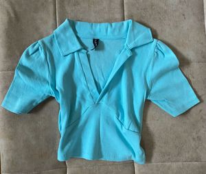 Blue Collared Cropped korean Top