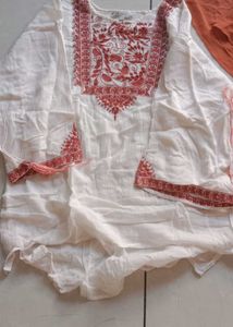 White Kurta with Red Embroidery and orange kurti