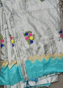 Embroidered Grey &amp; Teal Saree