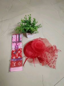 Combo Set Red Fascinator Hat & LV Style Scarf