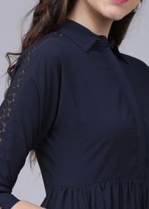 Navy Blue Dress with Lace Sleeves