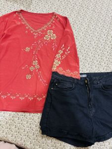 Beautiful Red Embroidered top with short