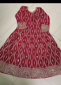 Red &amp; Gold Embroidered Anarkali Suit