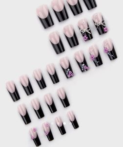 Black French Tip Press-On Nails with 3D Flowers &amp;