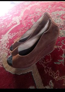 Brown Suede Peep-Toe Wedge Heels