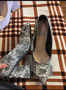 Embellished Black &amp; White Print Heels