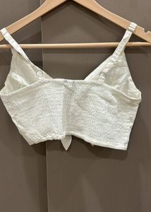 White Embroidered Crop Top with Bow Detail