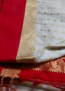 Elegant White &amp; Red Saree with Gold Border