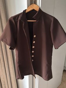Chocolate brown button down shirt with shorts