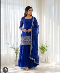 Royal Blue Embroidered Kurta Sharara Set