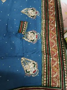 Embroidered Teal Saree with Blouse Piece