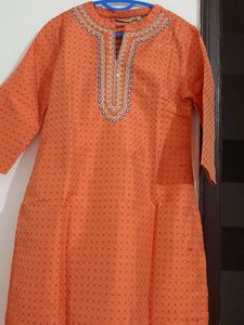 Orange Printed Kurta with Embellished Neckline