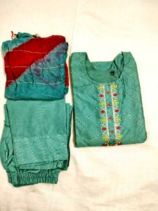 Maslin material Green Kurta Set with Dupatta