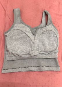 Grey Ribbed V-Neck Crop Tank Top (Built in padding