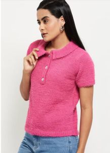 Fuzzy Pink Polo Neck Top