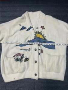 Vintage Cream Fuzzy Graphic Cardigan Sweater