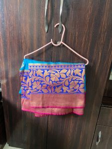 Vibrant Blue Silk Saree with Pink Border