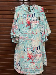 womens graphical print long top with bell sleeves