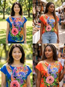 Vibrant Floral Print Short Sleeve Tops