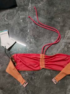 Coral Ruched Strapless Bikini Top