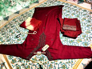 Maroon Embroidered Kurta Set with Pants &amp; Dupatta