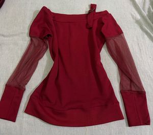 Chic Maroon Top with Mesh Sleeves