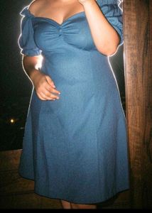 Chic Blue Puff Sleeve V-Neck Dress