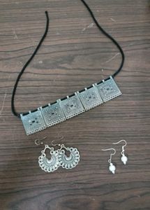 Boho Oxidized Silver Necklace and Earring Set