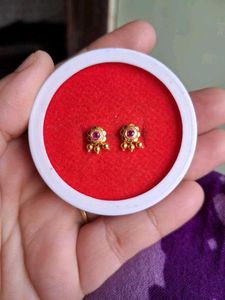 Gold Stud Earrings with Red Stone