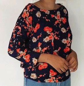 Blue And Peach Floral Print Western Top XXL Size