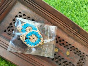 Handmade Crochet Earrings - Blue &amp; Tan
