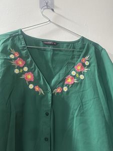 Green Embroidered V-Neck Blouse