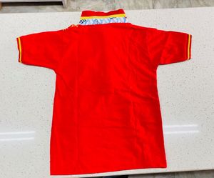 Vibrant Red Boys Polo Shirt with Geometric Print