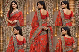 Elegant Red Floral Embroidered Saree