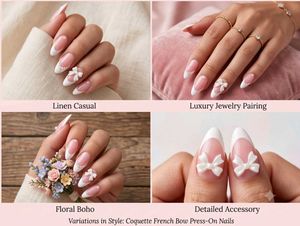 Elegant French Tip Nails with 3D-Bows 24 pcs