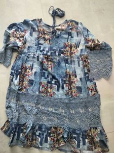 Boho Floral Print chrochet dusty blueTrim Tunic