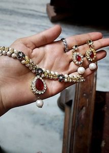 Elegant Pearl & Red Stone Jewellery Set