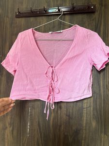 Pink Tie-Front Crop Top