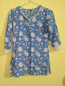 Blue Floral Print Kurta with Lace Trim