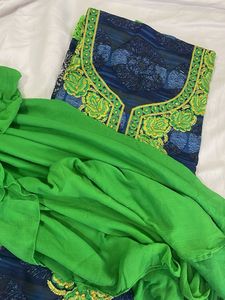 Embroidered Blue Kurta with Green Dupatta