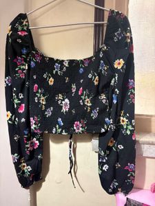 Black Floral Square Neck Crop Top