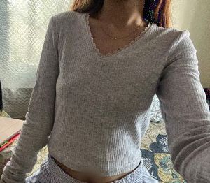 Grey Ribbed Long Sleeve Top with Lace Trim