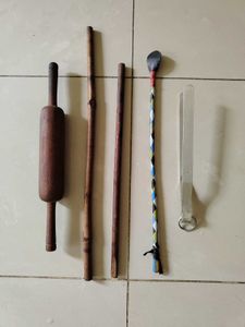 Used Wooden Belan And Sticks With Aluminium Tong