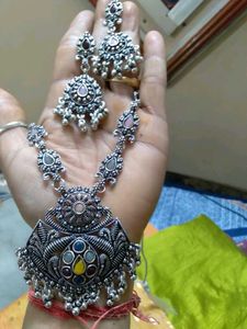 Heavy Oxidised Silver Necklace and Earrings Set