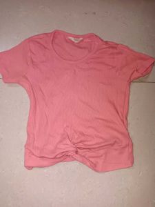 Coral Pink Twist Hem T-Shirt