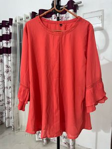Elegant Coral Pleated Sleeve Top