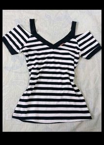 Striped Cold Shoulder V-Neck Top